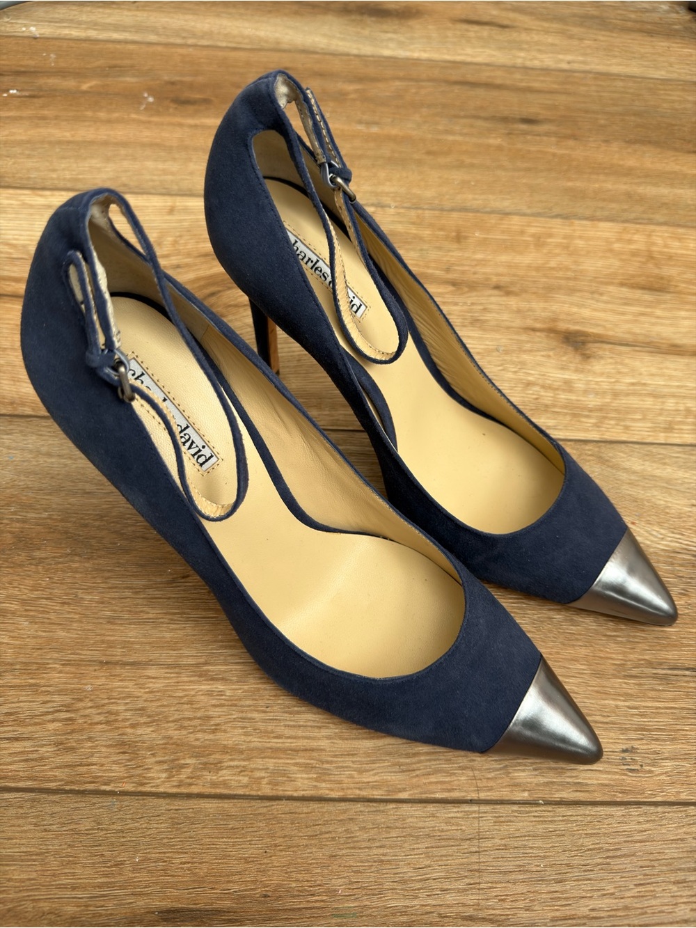 Charles David Navy Suede Silver Cap Toe Ankle Strap Stiletto Pumps Size 10M